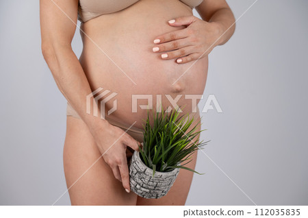 Faceless pregnant woman holding a plant. Metaphor for epilation of the bikini area.  112035835