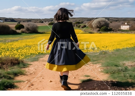 AI-generated content. A young girl in a dress walks in a field of yellow flowers. Neural network AI generated art 112035838