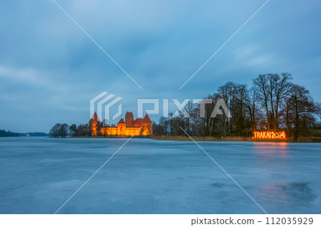 Ancient castle of Trakai in the middle of the lake. Trakai Island Castle historical landmark, Lithuania. 112035929