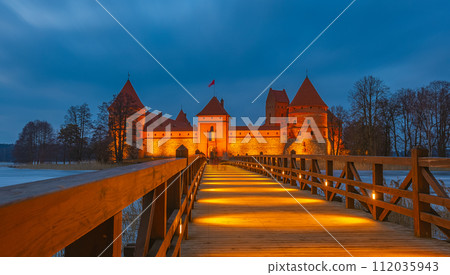 Ancient castle of Trakai in the middle of the lake. Trakai Island Castle historical landmark, Lithuania. Ancient castle of Trakai in the middle of the lake. Trakai Island Castle historical landmark, Lithuania. 112035943