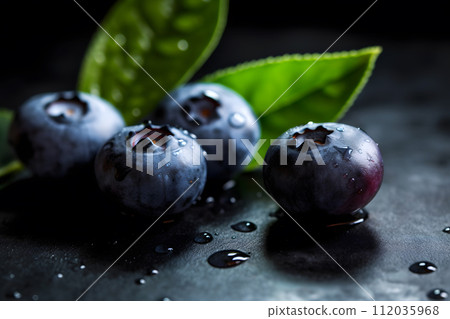 AI-generated content. Fresh blueberry with drops of water. Top view. Concept of healthy and dieting eating. Neural network AI generated art 112035968