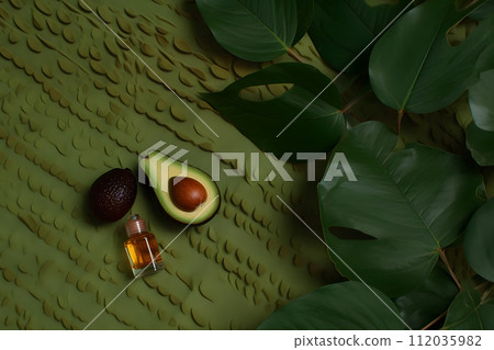 AI-generated content. Avocado oil on table close-up. Neural network AI generated art 112035982