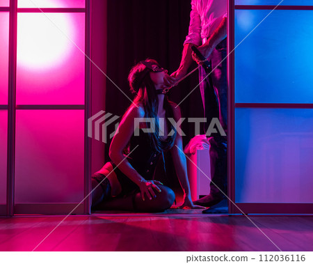 A woman is kneeling in front of a man. BDSM sex concept. Vertical photo.  112036116
