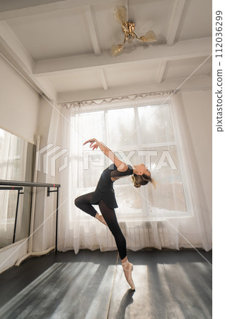 A beautiful Asian woman is dancing at the barre. Ballet dancer. A beautiful Asian woman is dancing at the barre. Ballet dancer. 112036299