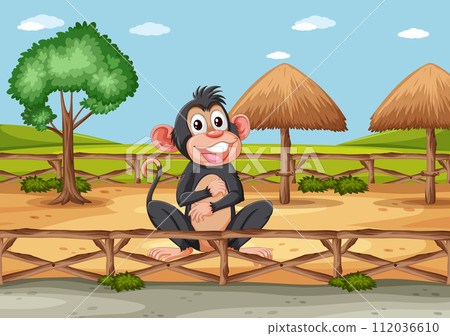 Cheerful Monkey on a Wooden Bridge Cheerful Monkey on a Wooden Bridge 112036610
