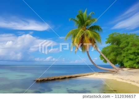 AI-generated content. palm trees on the seashore. Beautiful topical beach. Neural network AI generated art 112036657