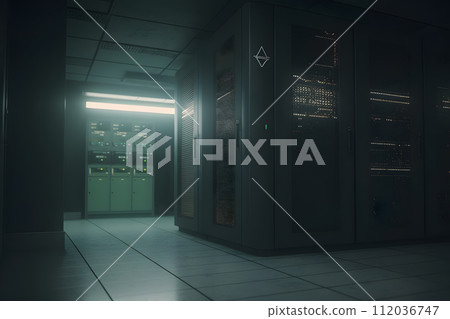 AI-generated content. Shot of Data Center With Multiple Rows of Fully Operational Server Racks. Modern Telecommunications. Neural network AI generated art 112036747