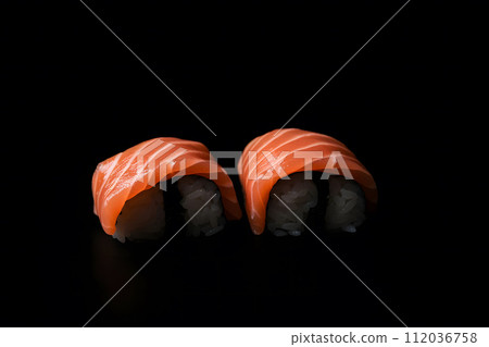 AI-generated content. close up of sushi rolls on black tray. Neural network AI generated art 112036758