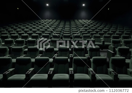 AI-generated content. Empty cinema hall with red seats. Movie theatre. Neural network AI generated art 112036772