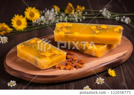 AI-generated content. Lemon cake with coconut flakes. A piece of delicate vanilla dessert with cream. Neural network AI generated art 112036775