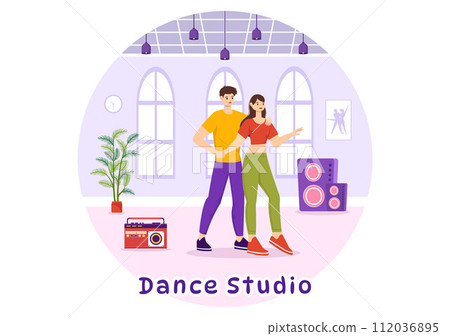 Dance Studio Vector Illustration with Dancing Couples Performing Accompanied by Music in Flat Cartoon Background Design Dance Studio Vector Illustration with Dancing Couples Performing Accompanied by Music in Flat Cartoon Background Design 112036895