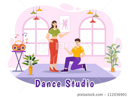 Dance Studio Vector Illustration with Dancing Couples Performing Accompanied by Music in Flat Cartoon Background Design 112036901