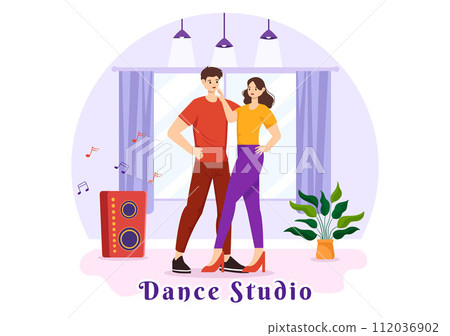 Dance Studio Vector Illustration with Dancing Couples Performing Accompanied by Music in Flat Cartoon Background Design Dance Studio Vector Illustration with Dancing Couples Performing Accompanied by Music in Flat Cartoon Background Design 112036902