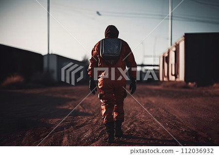 AI-generated content. Courageous Astronaut in the Space Suit Explores Red Planet Mars Covered in Mist. Adventure. Space Travel. Neural network AI generated art 112036932
