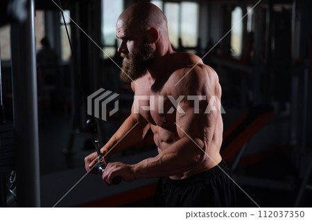 Barechested man with a beard is working out in a gym Barechested man with a beard is working out in a gym 112037350