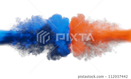 Puffs of blue and red smoke collide against a white background. 3d illustration. Puffs of blue and red smoke collide against a white background. 3d illustration. 112037442