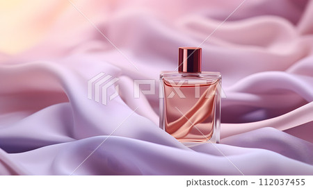 AI-generated content. Perfume bottle on a background of satin fabric. Neural network AI generated art AI-generated content. Perfume bottle on a background of satin fabric. Neural network AI generated art 112037455
