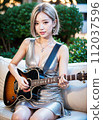 [AI image] Gravure of a beautiful woman playing the guitar with a smile 112037596