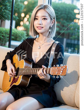 [AI 圖片] 一個美麗的女人微笑著彈吉他的凹印 112037597