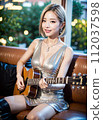 [AI image] Gravure of a beautiful woman playing the guitar with a smile 112037598