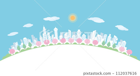 櫻花盛開的城市景觀，春天的城市景觀。 112037616