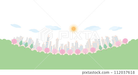 A cityscape with cherry blossoms blooming. A cityscape in spring. 112037618