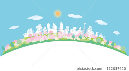 櫻花盛開的城市景觀,春天的城市景觀。 櫻花盛開的城市景觀,春天的城市景觀。 112037620