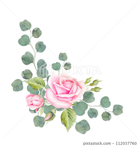 Watercolor roses and eucalyptus greenery. Delicate vintage roses, frame, wreath, bouquet. Watercolor roses and eucalyptus greenery. Delicate vintage roses, frame, wreath, bouquet. 112037760