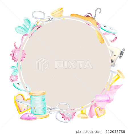 Frame from a watercolor sewing kit. Hangers, buttons, threads, ribbon, sewing machine, needlework, embroidery, scissors. 112037786