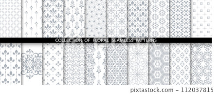 Geometric floral set of seamless patterns. White and gray vector backgrounds. Damask graphic ornaments 112037815