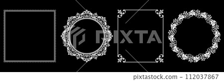 Set of decorative frames Elegant vector element for design in Eastern style, place for text. Floral black and white borders. Lace illustration for invitations and greeting cards. Set of decorative frames Elegant vector element for design in Eastern style, place for text. Floral black and white borders. Lace illustration for invitations and greeting cards. 112037867