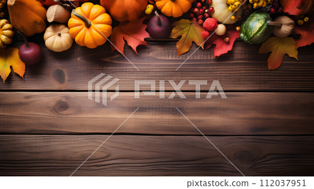 AI-generated content. Thanksgiving background decoration from dry leaves and pumpkin on old wooden background. Neural network AI generated art AI-generated content. Thanksgiving background decoration from dry leaves and pumpkin on old wooden background. Neural network AI generated art 112037951