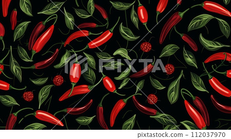 AI-generated content. mexican hot pepper chili, slices, halves, crushed pieces and branch. Neural network AI generated art 112037970
