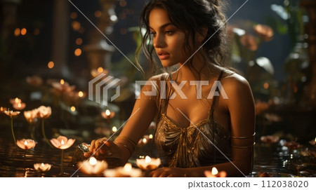 AI-generated content. Young beautiful Indian woman holding a lit candle for Indian Festival Diwali. Neural network AI generated art 112038020