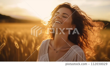 AI-generated content. Beautiful carefree woman in fields being happy outdoors. Neural network AI generated art 112038029