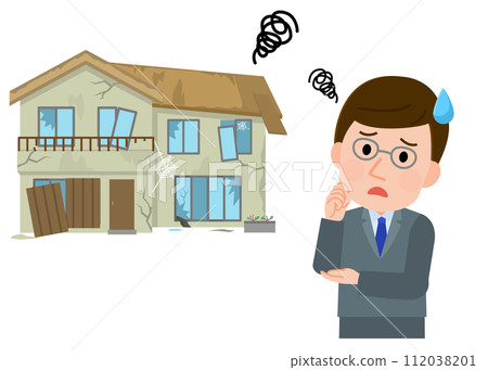 一個穿著西裝的男人被廢棄的房子困擾的插圖 一個穿著西裝的男人被廢棄的房子困擾的插圖 112038201