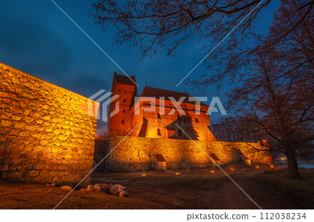 Ancient castle of Trakai in the middle of the lake. Trakai Island Castle historical landmark, Lithuania. 112038234