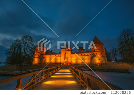 Ancient castle of Trakai in the middle of the lake. Trakai Island Castle historical landmark, Lithuania. Ancient castle of Trakai in the middle of the lake. Trakai Island Castle historical landmark, Lithuania. 112038236