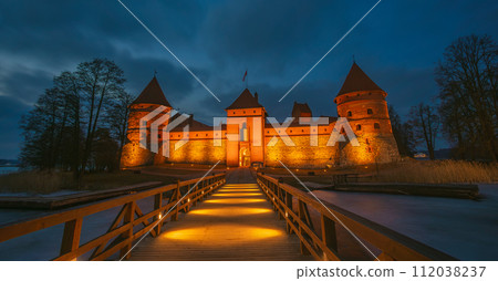 Ancient castle of Trakai in the middle of the lake. Trakai Island Castle historical landmark, Lithuania. 112038237