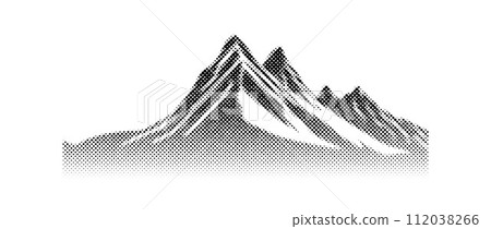 Black halftone mountain range silhouette. Grunge texture landscape terrain. Fading grainy hill chain wallpaper. Vanishing dotted noise mountain peak background. Vector scenery rock illustration Black halftone mountain range silhouette. Grunge texture landscape terrain. Fading grainy hill chain wallpaper. Vanishing dotted noise mountain peak background. Vector scenery rock illustration 112038266
