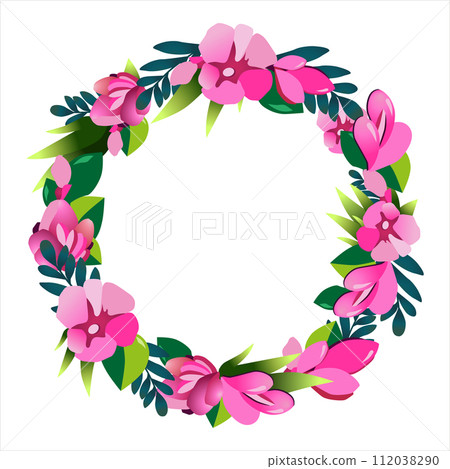 Vector round frame of hand drawn flowers for words. Isolated red pink vignette for flat design Vector round frame of hand drawn flowers for words. Isolated red pink vignette for flat design 112038290