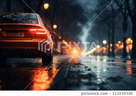AI-generated content. Street scene with blurry traffic, glowing car light dots, minimalist abstracts Generative AI 112038386