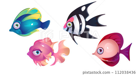Cute cartoon fish with fin and smiling lips. 112038436