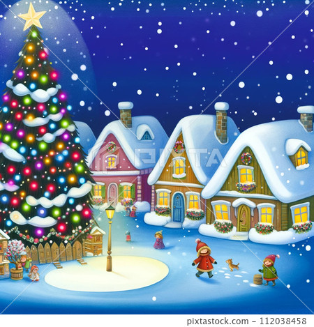 Dawn over a Christmas village covered in snow 112038458