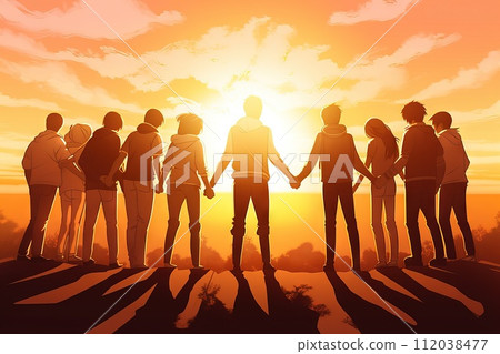 AI-generated content. Holding Hands in a Circle united at sunny day, 2d illustrator Generative AI 112038477