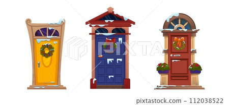 Door decorated with Christmas traditional wreath 112038522