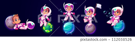 Cute kid boy astronaut flying in outer space. Cute kid boy astronaut flying in outer space. 112038526