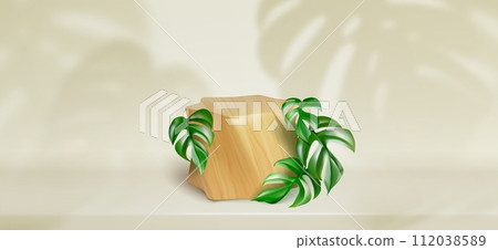 Wooden platform and monstera leaves on beige Wooden platform and monstera leaves on beige 112038589