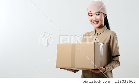 AI-generated content. Asian worker holding a Box Delivery staff on white background Generative AI AI-generated content. Asian worker holding a Box Delivery staff on white background Generative AI 112038665
