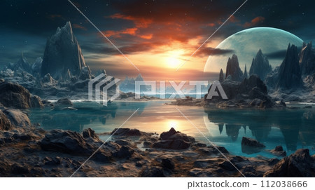 AI-generated content. Futuristic fantasy landscape. Neural network AI generated art 112038666